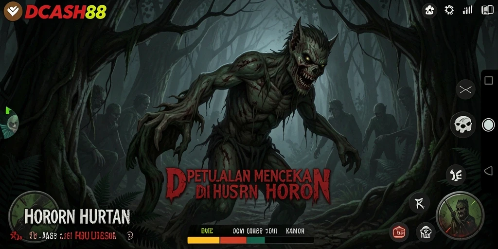 Antarmuka menakutkan dari game Horor Hutan IDCASH88 yang mengundang ketegangan.