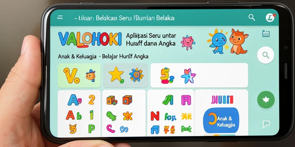 Tampilan menarik dan interaktif dari aplikasi VALOHOKI untuk belajar huruf dan angka.